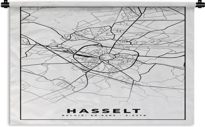 Wandkleed - Wanddoek - Stadskaart – Plattegrond – België – Zwart Wit – Hasselt – Kaart - 180x120 cm - Wandtapijt