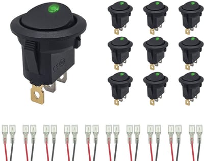 ProRide Wipschakelaar ON-OFF KCD2-12 - met Aansluitkabels - 3 pins - Rond - 12V/20A - LED indicator Groen - 10 stuks
