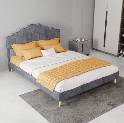 MIVRAY Gestoffeerd Bed 140x200 cm - Tweepersoons Bedframe Met Hoog Hoofdbord en Lattenbodem - Zonder Matras - Stof - Grijs