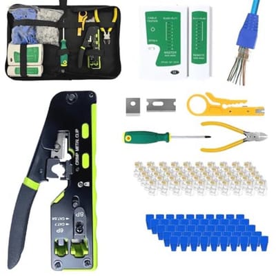 Krimptangset voor RJ45 met 50 Pass Through Stekkers en Kabeltester - Netwerkgereedschap voor CAT5/CAT6/CAT7