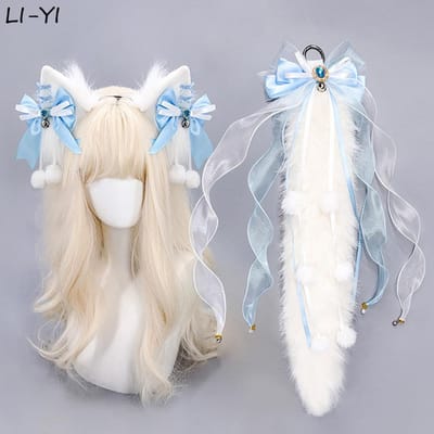 2 stuks/set Wolf Kattenoor Haarband Pluche Dier Vosstaart Tas Accessoires Cosplay Kostuum Handgemaakte Dierenoortjes Staart Taille Accessoires 1 set white