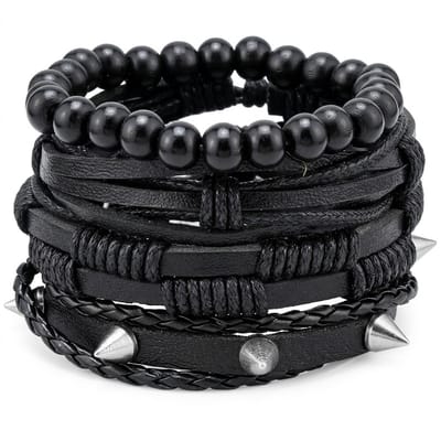 Set van 4 zwarte heren armbanden – kralenarmband, gevlochten armband, koordarmband en armband met metalen studs – unisex sieradenset