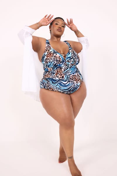 Yours Blauw En Oranje Badpak Met Dierenprint En Diepe Halslijn Size 42
