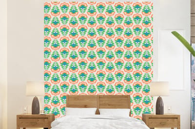 Behang - Fotobehang Retro - Bloemen - Design - Groen - Oranje - Breedte 225 cm x hoogte 280 cm