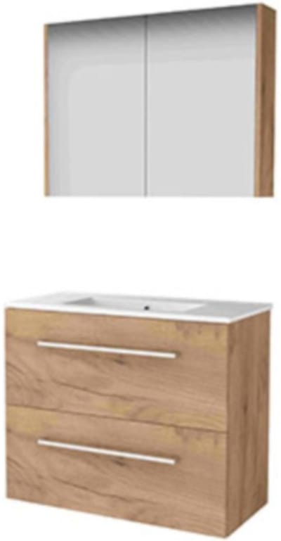 Basic-Line Comfort 39 Badkamermeubelset - Ondiep - 80 x 39 cm - Met Grepen - 2 Lades - Keramische Wastafel - 1 Kraangat - Spiegelkast - Whisky Oak