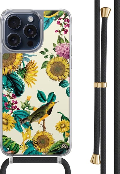 Casimoda® hoesje met zwart koord - Geschikt voor iPhone 15 Pro Max - Zonnebloemen / Bloemen - Afneembaar koord - TPU/polycarbonaat - Geel