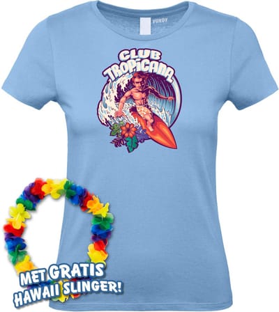 Dames t-shirt Surfing Man | Toppers in Concert 2024 | Club Tropicana | Hawaii Shirt | Ibiza Kleding | Lichtblauw Dames | maat XS