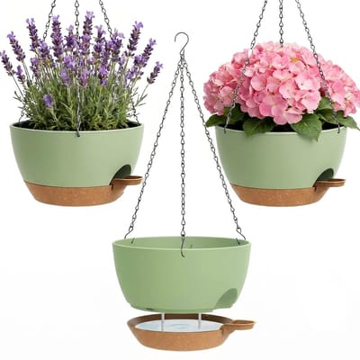 Set van 3 zelfbewaterende hangende bloempotten, 25 cm, voor binnen en buiten, met drainagegaten en afneembare onderzetter, voor balkon, woonkamer, keuken, groen