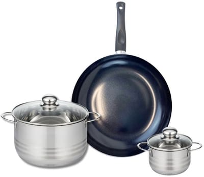 Set van 1 Koekenpan 28 cm en 2 kookpotten 12 en 20 cm Elo Prima Glanzend