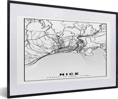 Fotolijst incl. Poster Zwart Wit- Kaart - Nice - Plattegrond - Frankrijk - Stadskaart - Zwart wit - 60x40 cm - Posterlijst