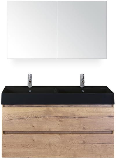 Maxx XL Badmeubelset 120 cm - Natuur Eiken - Wastafel Kube Dubbel Zwart 2 Kraangaten met Spiegelkast
