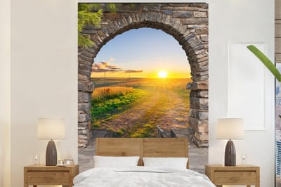 Behang - Fotobehang Platteland - Zon - Doorkijk - Landschap - Breedte 225 cm x hoogte 350 cm