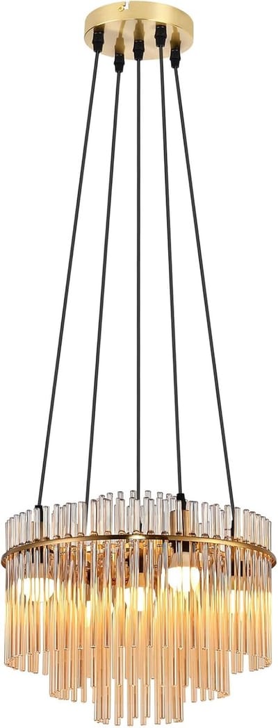 Glitzerlife - Hanglampen - 5-flammig - 5xE14 - Glazen kap - Verstelbare hoogte - Ø150cm - Goud - hanglamp eetkamer - hanglamp woonkamer