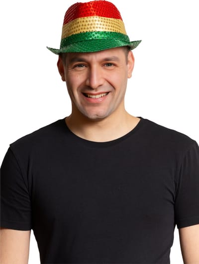 Partychimp Glitter Pailletten Hoed Limburg Voordeelverpakking 6 Stuks voor bij Carnavalskleding Heren Carnavalskleding Dames Carnaval Accessoires Verkleedaccessoires Limburg Foute Party Trilby Hoedje - Polyester - Rood/Geel/Groen - 6 Stuks