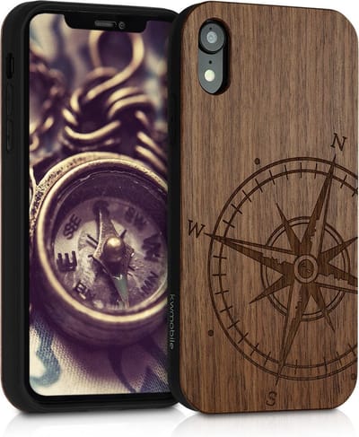 kwmobile telefoonhoesje geschikt voorApple iPhone XR - Hoesje met bumper - hout - In donkerbruin Vintage Kompas design