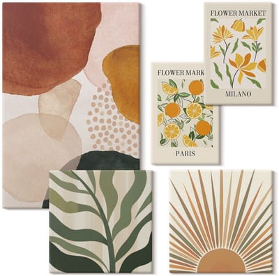 Wallfluent Set van canvas schilderijen - Stijlvolle graphics met planten- en geometrische motieven Canvas Schilderijen Set - Set van 5 Canvas Schilderijen - Bruin Set van Canvas Prints - Abstractie Canvas Kunst Set - Boheemse Canvas Kunst Set