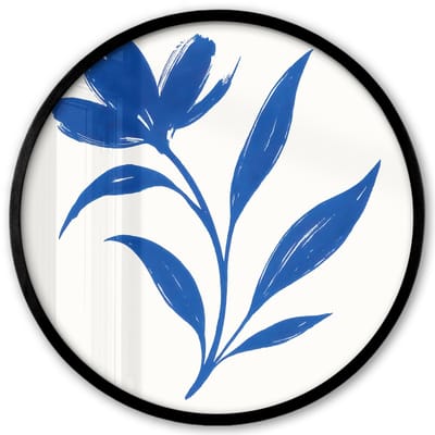 Poster in lijst Rond - Fotolijst 40x40 cm - Posters - Bloem - Blaadjes - Minimalistisch - Blauw - Ronde posterlijst zwart - Decoratie - Wanddecoratie woonkamer - Muurdecoratie slaapkamer