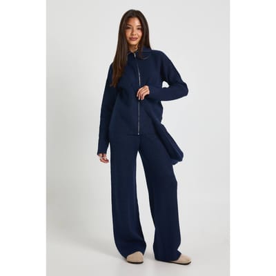 boohoo Dames Super Zachte Oversized Zip Door Gebreide Trui, Rechte Pantalon en Gebreide Tas 3-delige Set | Navy | Maat: Small