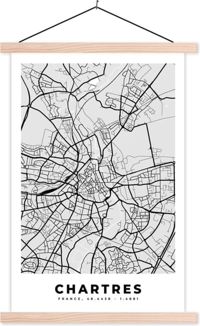 Posterhanger incl. Poster 40x60 cm - Schoolplaat - Chartres – Plattegrond – Frankrijk – Kaart – Stadskaart - Textielposter - Blanke latten - Stadskaart