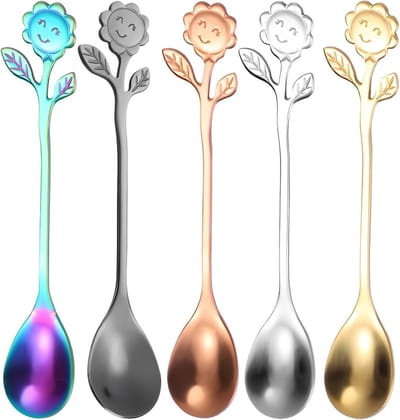 Set van 5 RVS Koffielepels met Zonnebloem Design - Precisie 15ml Maatlepel voor Koffie, Thee en Bakken, Vaatwasserbestendig Keukengerei Cadeau voor Haar
