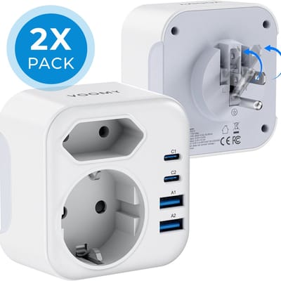 Voomy Reisstekker Amerika/USA 2x Pack - Wereldstekker Type B - Met 2 Stopcontacten - 2 USB-C & 2 USB-A - Wit