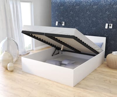 Eenpersoonsbed 120x200 met Opbergruimte en Gasveer Liftfunctie – Modern Opbergbed met Opklapbare Lattenbodem, Wit Gelamineerd Hout – 205x125x80 cm