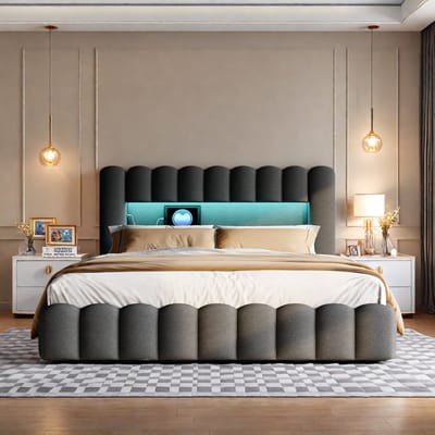 Opbergbed 180x200 cm Grijs Stof – Tweepersoons Hydraulisch Bed met LED Hoofdbord & USB