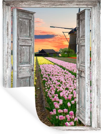 Muurstickers - Sticker Folie - Doorkijk - Tulpen - Molen - Avond - 30x40 cm - Plakfolie - Muurstickers Kinderkamer - Zelfklevend Behang - Zelfklevend behangpapier - Stickerfolie