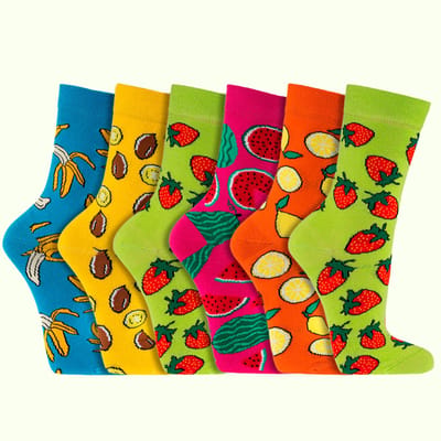 Damessokken | grappige sokken | vrolijke sokken | happy socks printjes | per 6 paar | Thema: fruit