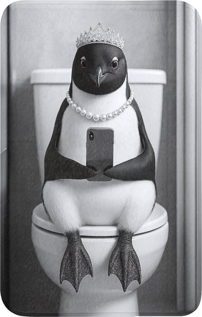 WC mat 50x80 cm - Antislip - Pinguïn - Telefoon - Toilet - Zwart - Wit - Toiletmat - Vloermat - Douchemat - Toilet tapijt - Toiletmatten