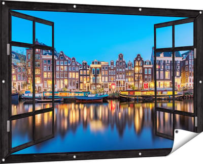Gards Tuinposter Doorkijk Amsterdamse Huisjes in de Avond met Lichten - 150x100 cm - Tuindoek - Tuindecoratie - Wanddecoratie buiten - Tuinschilderij