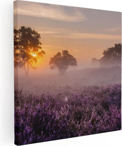 Artaza Canvas Schilderij Zonsondergang - 30x30 cm - Klein - Wanddecoratie Heide - Muurdecoratie Landschap - Kamer Accessoires Bomen Mist