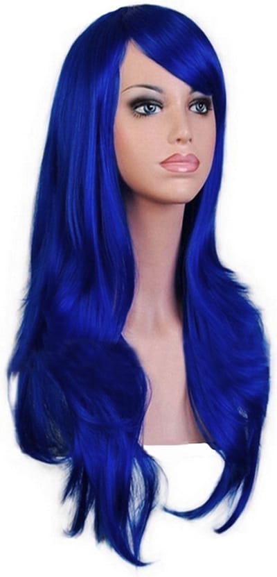 KIMU® Luxe Lange Donkerblauwe Pruik Zeemeermin - Mermaid Donkerblauw Lang Haarwerk Met Schuine Pony Festival