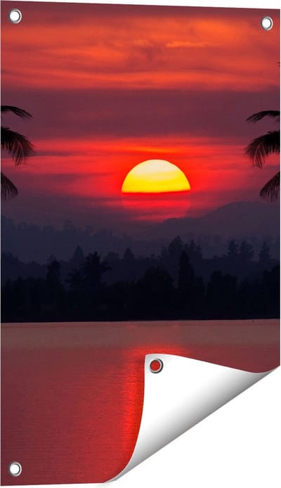 Gards Tuinposter Zonsondergang op het Strand met Palmbomen - 40x60 cm - Tuindoek - Tuindecoratie - Wanddecoratie buiten - Tuinschilderij