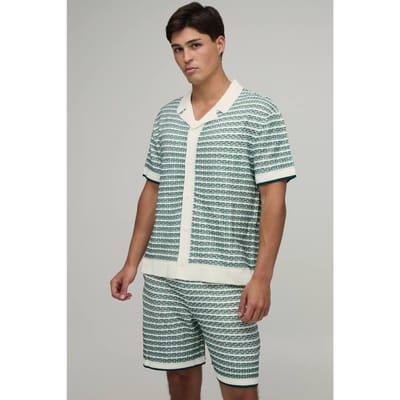 Ontspannen Gebreid Shirt En Short Set Met Open Steek En Strepen | Green | Size XS