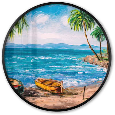 Poster in lijst Rond - Fotolijst 60x60 cm - Posters - Schilderij - Olieverf - Strand - Palmboom - Boot - Ronde posterlijst zwart - Decoratie - Wanddecoratie woonkamer - Muurdecoratie slaapkamer