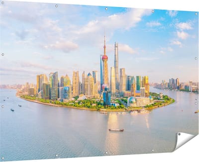Gards Tuinposter Skyline Shanghai Stad in China - 180x120 cm - Tuindoek - Tuindecoratie - Wanddecoratie buiten - Tuinschilderij