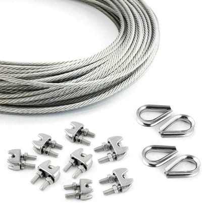 Stalen Kabelset - Roestvrij Touw - Klimhulp Bevestigen - Inclusief Klemmen & Kousen - 10 Meter 4mm - Zilverkleurig