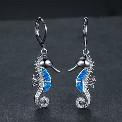 Schattige Vrouwelijke Zeepaardje Hoop Oorbel Witte Blauwe Opaalsteen Dierensieraden Roségoud Kleur Trouwoorbellen Voor Vrouwen black