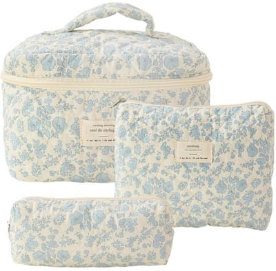 QTTVBTNA - 3 Stuks - Make-up Tassen - Katoenen Toilettas met Bloemenprint - Schattige Cosmeticatas Set voor Reis, Feest & Opslag