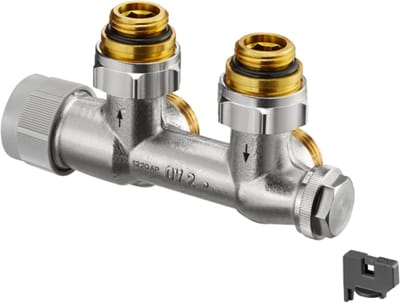 OVENTROP aansluitarmatuur Multiblock TQ hoek tweepijps, G 1/2 AG x G 3/4 Euroconus, met QA-ventielinzetstuk, 1184074
