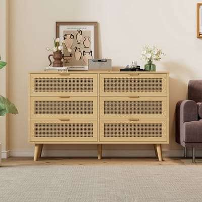REDOM - Ladekast Met 6 Laden - Rotanlook En Metalen Grepen - Retro - Voor Slaapkamer - Spaanplaat - 120 x 76,5 x 40 cm