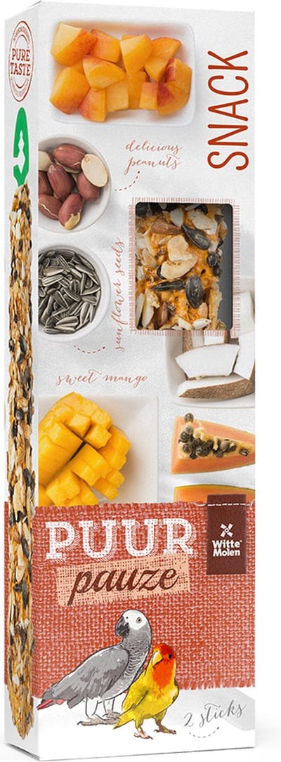 Witte Molen - Vogelsnack - Vogel - Puur Pauze Sticks Papegaai Papaja & Kokos 140gr - Tray - 2st