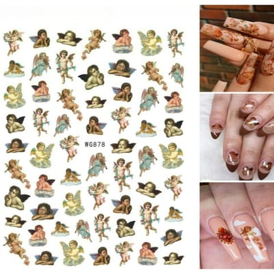 Engel Bloem Patroon Nagelstickers Cupido Zelfklevende Nagel Decals 3D DIY Tips Nagelkunst Decoraties Nagel Design Manicure Wrap WG878 beige
