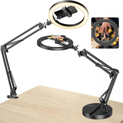 SnelShoppen - Ringlamp met Statief en Dubbele Sokkel, Mobiele Telefoonstatief met Ringlicht 25,4 cm, 3 Lichtkleuren + 10 Lichtsterktes, 360 Graden Dra