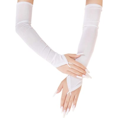 Femmes 50 cm Long Doigts Libres Transparent Élasticité Maille Crochet Doigt Sexy Gants Uni Étiquette Fête Cosplay Robe Accessoires One Size white