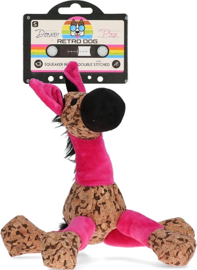 Retrodog Ezel Roze - Honden speelgoed - Hondenknuffel met piep - Gerecycled materiaal - Maat S