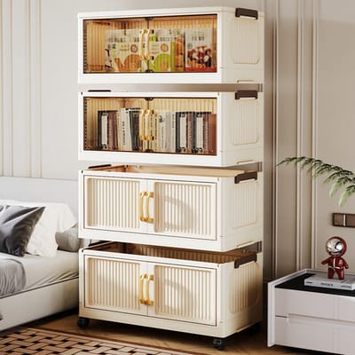 KZQ Opbergboxen Met Wiel En Deuren - 4 Lagen - Vouwbare Plastic Organizer Laden Voor Kast Dorm En Kantoor - Afneembare Deksels En Ruimtebesparend - Transparent