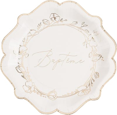ARTYFETES - 8 kartonnen borden doop 23 cm gouden bloemen