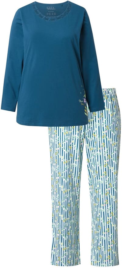 Ulla Popken - Dames - Pyjama bloemen ronde hals lange mouwen zakken - Petrol - Maat 42+
